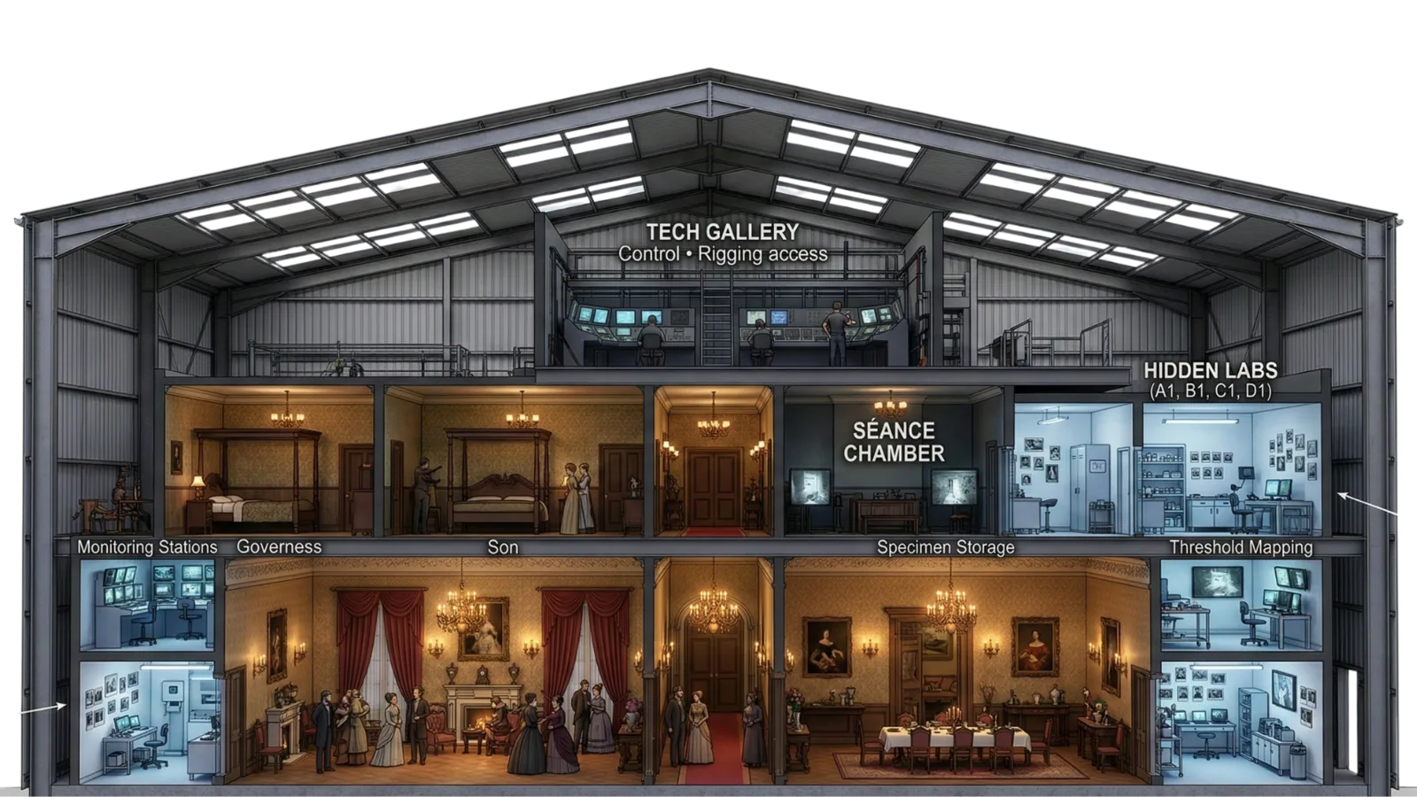 Cross-section showing Victorian rooms and hidden laboratories inside the barn structure